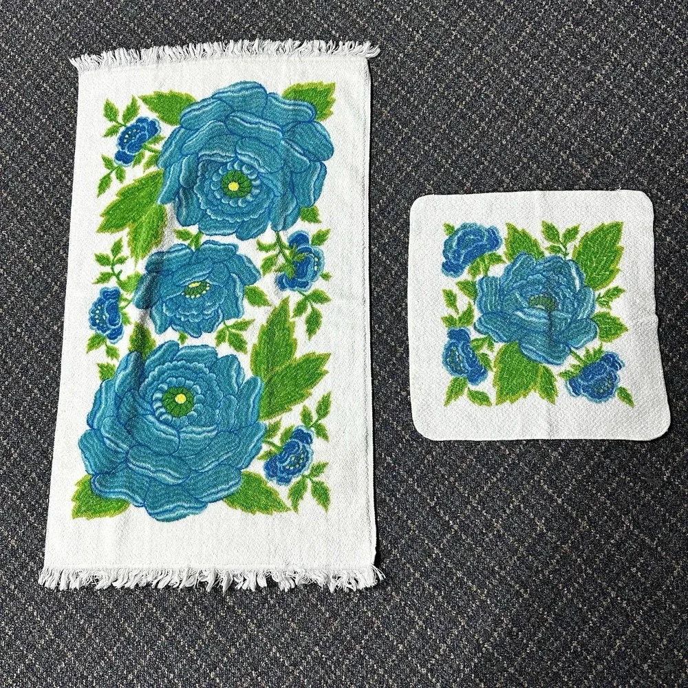 Vintage Fieldcrest‎ Retro blue towel set bath hand washcloth 1970s